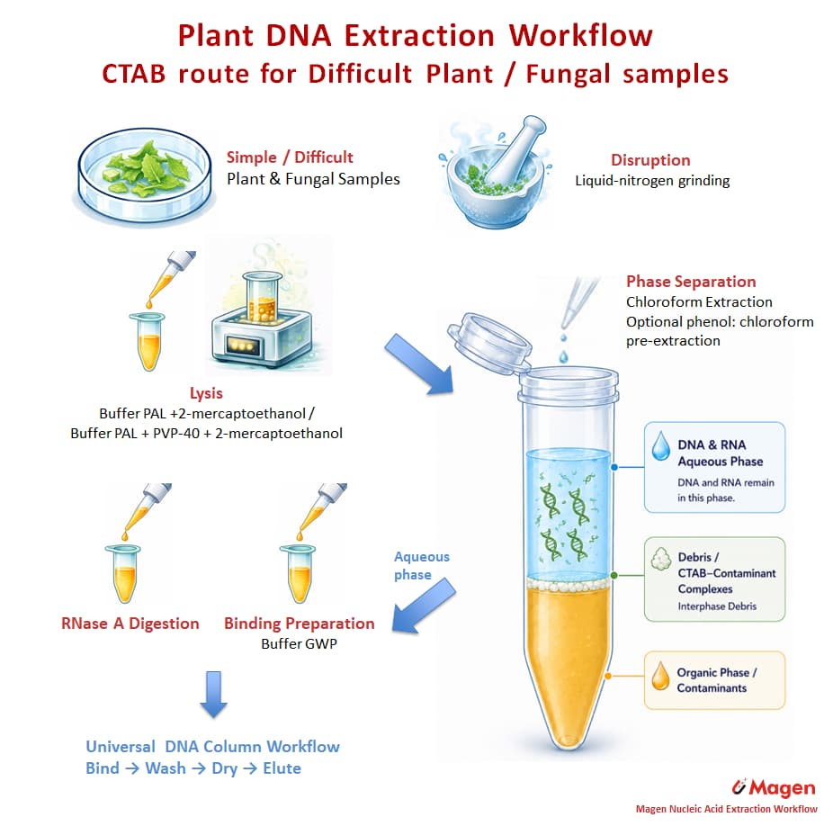 CTAB-based plant and fungal DNA extraction workflow with chloroform phase separation and column purification CTAB-based plant and fungal DNA extraction workflow with chloroform phase separation and column purification